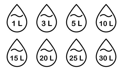 Liter icon set. Liters- 1,3,5,10,15,20,25,30. Fluid volume in liters. Capacity of oil and water icon set.  Liter icon fluid volume in liters liquid drop litre. Liquid measure in liters. 
