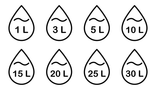 Liter icon set. Liters- 1,3,5,10,15,20,25,30. Fluid volume in liters. Capacity of oil and water icon set.  Liter icon fluid volume in liters liquid drop litre. Liquid measure in liters. 
