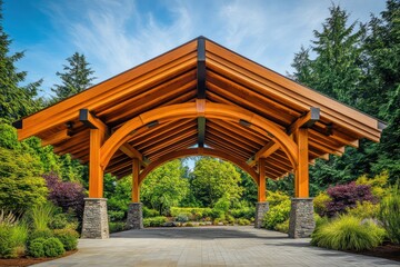 Naklejka premium A dramatic pavilion-style roof with sharp angles, wooden beams, and seamless integration with nature