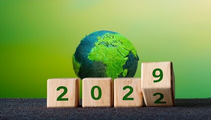 Green earth globe with 2029. Goal in the new year 2029. Green business, Wooden cubes with numbers 2029 and green earth.