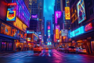 A dynamic city street featuring modular facades, glowing signage, and colorful ambient lighting