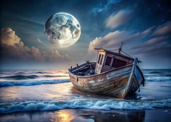 Double Exposure: Moonlit Sea & Stranded Boat - Nighttime Nautical Scene