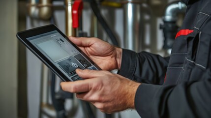 A man is holding a tablet and looking at it