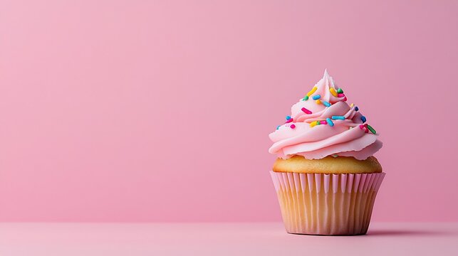 Pink cupcake with frosting and sprinkles on pink background. (1)