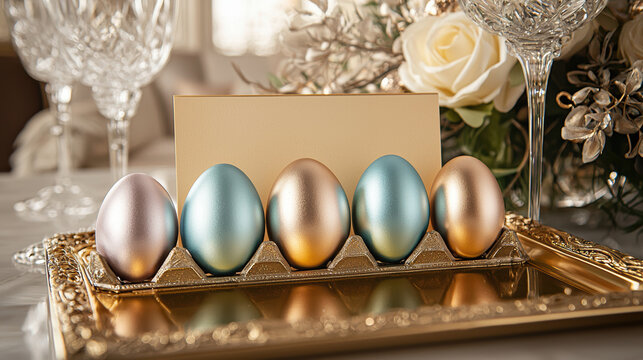 Elegant Easter eggs on golden tray with blank card