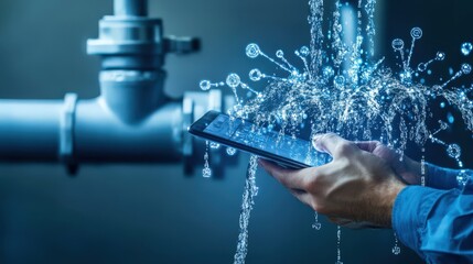 A person is holding a cell phone in front of a pipe that is spraying water