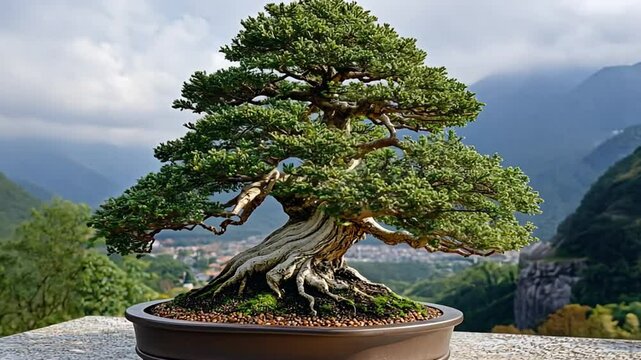 A beautifully shaped bonsai tree displayed against a scenic mountainous backdrop footage