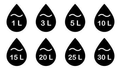  Liter icon set. Liters- 1,3,5,10,15,20,25,30. Fluid volume in liters. Capacity of oil and water icon set. Liter icon fluid volume in liters liquid drop litre. Liquid measure in liters.