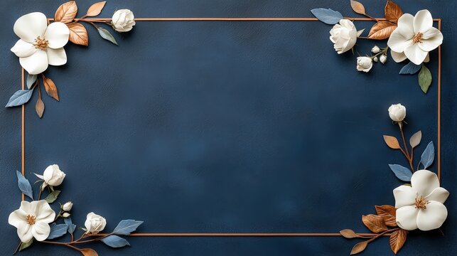 A blue background with white flowers and a gold frame
