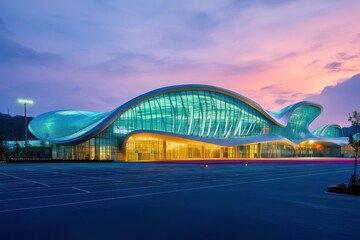 Naklejka premium A dynamic sports complex with fluid shapes, translucent roofing, and vibrant lighting designed for energy efficiency