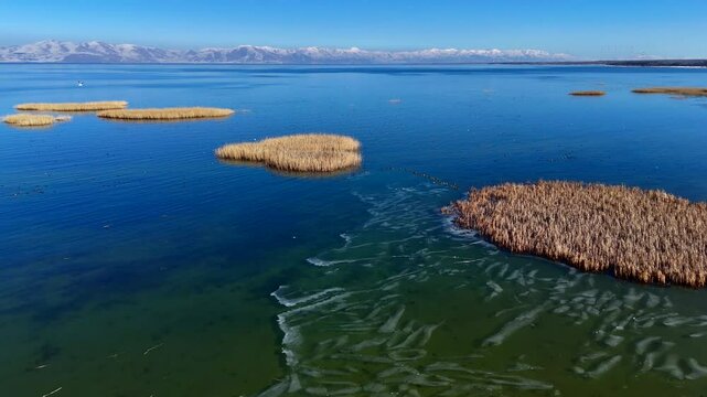Lake Sevan in the mountains in winter, Armenia