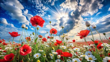 Obraz premium Double Exposure: Poppy Field & Blue Sky - Dreamy Floral Landscape