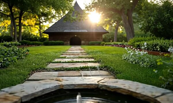 Serene garden fountain with stone pathway leading to a gazebo at sunset.