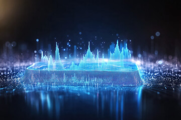 Abstract 3D visualization of financial growth represented by glowing blue pillars and charts in a clean space