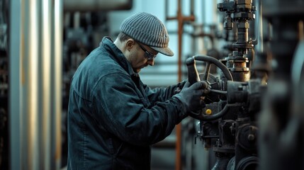 A man in a black jacket is working on a valve