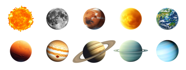 Collection of planets in the solar system isolated on white background.