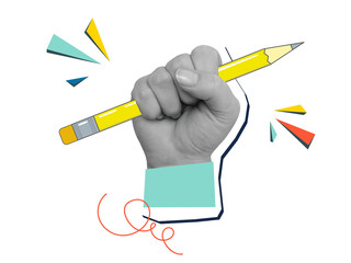 Yellow cartoon pencil held in raised hand - creativity concept. Modern photo collage style. Illustration on transparent background