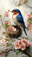 A vibrant bird perched in a nest surrounded by blooming flowers.