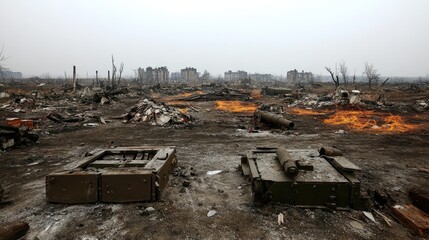 Desolate battlefield with burned landscape and destroyed tanks.