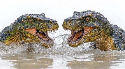 Two dinosaurs emerging from water, showcasing their fierce expressions and splashing action.