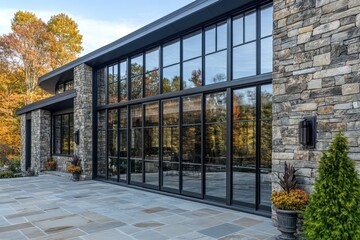 Fototapeta premium A facade with layered stone walls and expansive glass windows blending modern and rustic elements