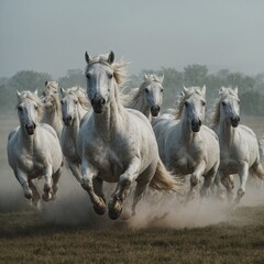 Obraz premium A herd of white horses galloping across a misty plain.