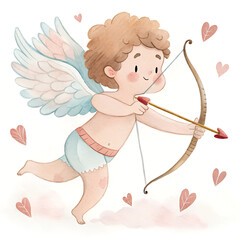 Watercolor illustration of a cute cupid with heart arrow, pastel wings, and a soft white background. Valentine's Day romantic theme
