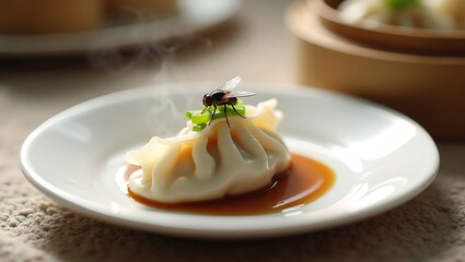 A close-up image of a fly landing on a chinese chicken dumpling served on a white plate, shedding light on contamination risks, poor hygiene practices, and food safety concerns