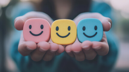 Smiling pink, yellow, blue faces held in hands convey positive emotion
