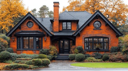 Autumnal brick house with black trim, landscaping, and walkway.