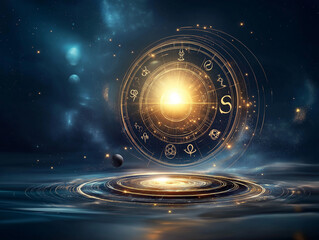 Zodiac signs arranged in the center of a circle, with a glowing moon and stars in the background, creating a magical atmosphere, hyper-realistic celestial landscape with flowers, high-detail rendering
