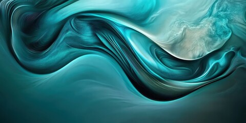 Obraz premium Abstract waves, teal and turquoise fabric, silky smooth texture, fluid motion, glossy surface, undulating folds, organic curves, liquid-like flow, dynamic composition, ethereal atmosphere, high contra
