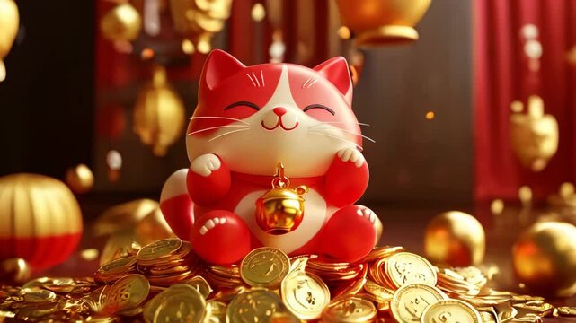 Lucky cat figurine on gold coins with festive red and gold background