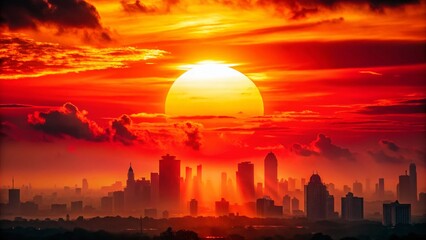 Fototapeta premium Dramatic City Sunset Skyline - Intense Red Sun Glow, Urban Landscape Photography