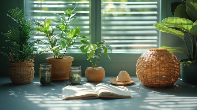 Sunlit windowsill with plants, book, and decor. - Powered by Adobe