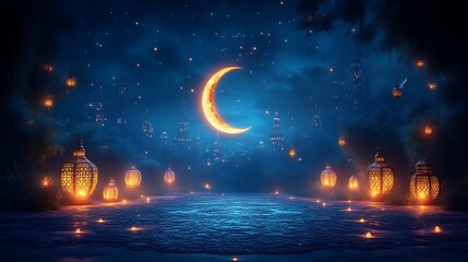 Naklejka premium Nighttime Crescent Moon Cityscape Illuminated By Lanterns