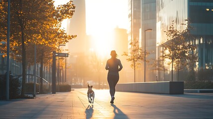 Woman Jogging With Dog During Golden Hour Sunrise