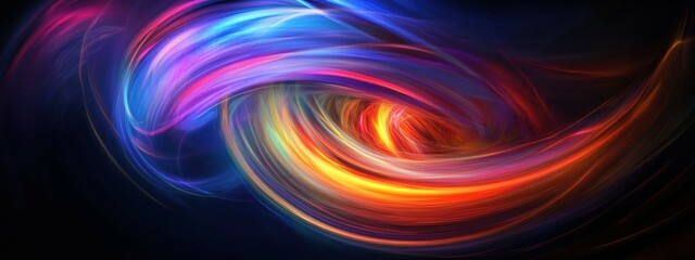 Obraz premium Swirling neon spiral, vibrant rainbow colors, glowing energy vortex, abstract digital art, electric blue and purple hues, dynamic motion blur, cosmic whirlpool, dark background, luminous streaks, psyc