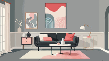 A minimalist living room with pastel accents, featuring a dark gray sofa, blush red throw pillows, a white marble coffee table, and abstract painting in contrast hues hanging on the wall 
