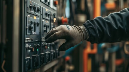 A person is wearing gloves and touching a control panel