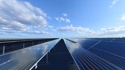 Solar Panels in a Row Reflecting Sunlight Under Bright Blue Sky with Soft Clouds