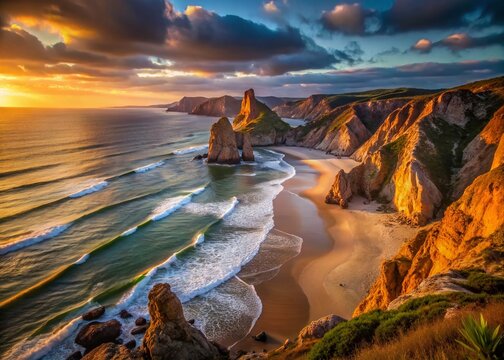Dramatic Low Light Beach Scene, Praia da Ursa, Lisbon Coast, Portugal