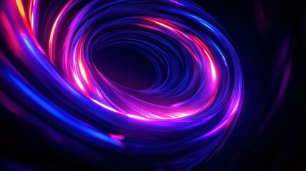Naklejka premium Swirling neon spiral, vibrant rainbow colors, glowing energy vortex, abstract digital art, electric blue and purple hues, dynamic motion blur, cosmic whirlpool, dark background, luminous streaks, psyc