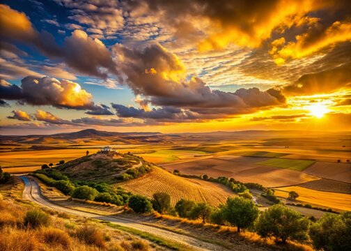 Dramatic Silhouette Panoramic View of the Spanish Meseta at Sunset