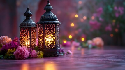 Fototapeta premium Illuminated Metal Lanterns with Colorful Flowers
