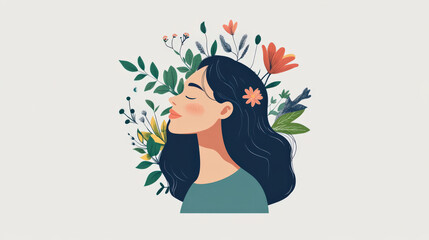 Woman with flowers showing calm state, enjoying peaceful nature around her