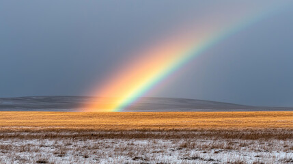 vibrant rainbow arches over serene landscape, illuminating golden grass and snowy ground beneath moody sky. scene evokes sense of tranquility and wonder
