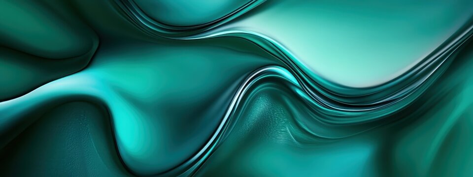Abstract waves, teal and turquoise fabric, silky smooth texture, fluid motion, glossy surface, undulating folds, organic curves, liquid-like flow, dynamic composition, ethereal atmosphere, high contra