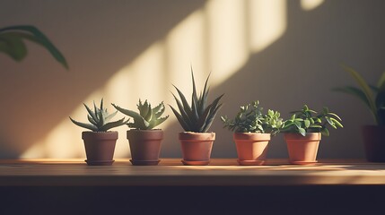 Obraz premium Four potted succulents bask in sunlight on a wooden surface