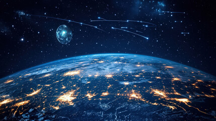 Obraz premium Earth view from space with meteor and moon in sky